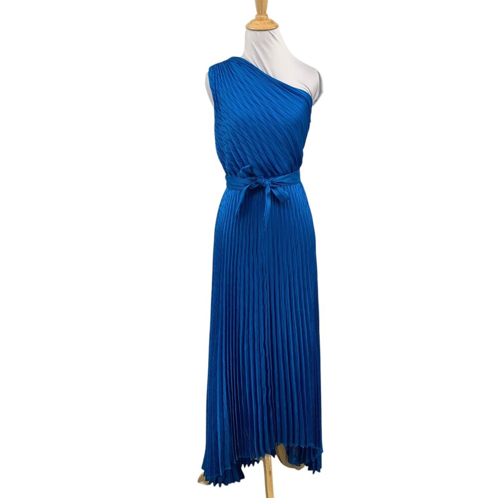 Intermix Dress Women 00 Royal Luisa Pleated Satin One Shoulder High Low Gown